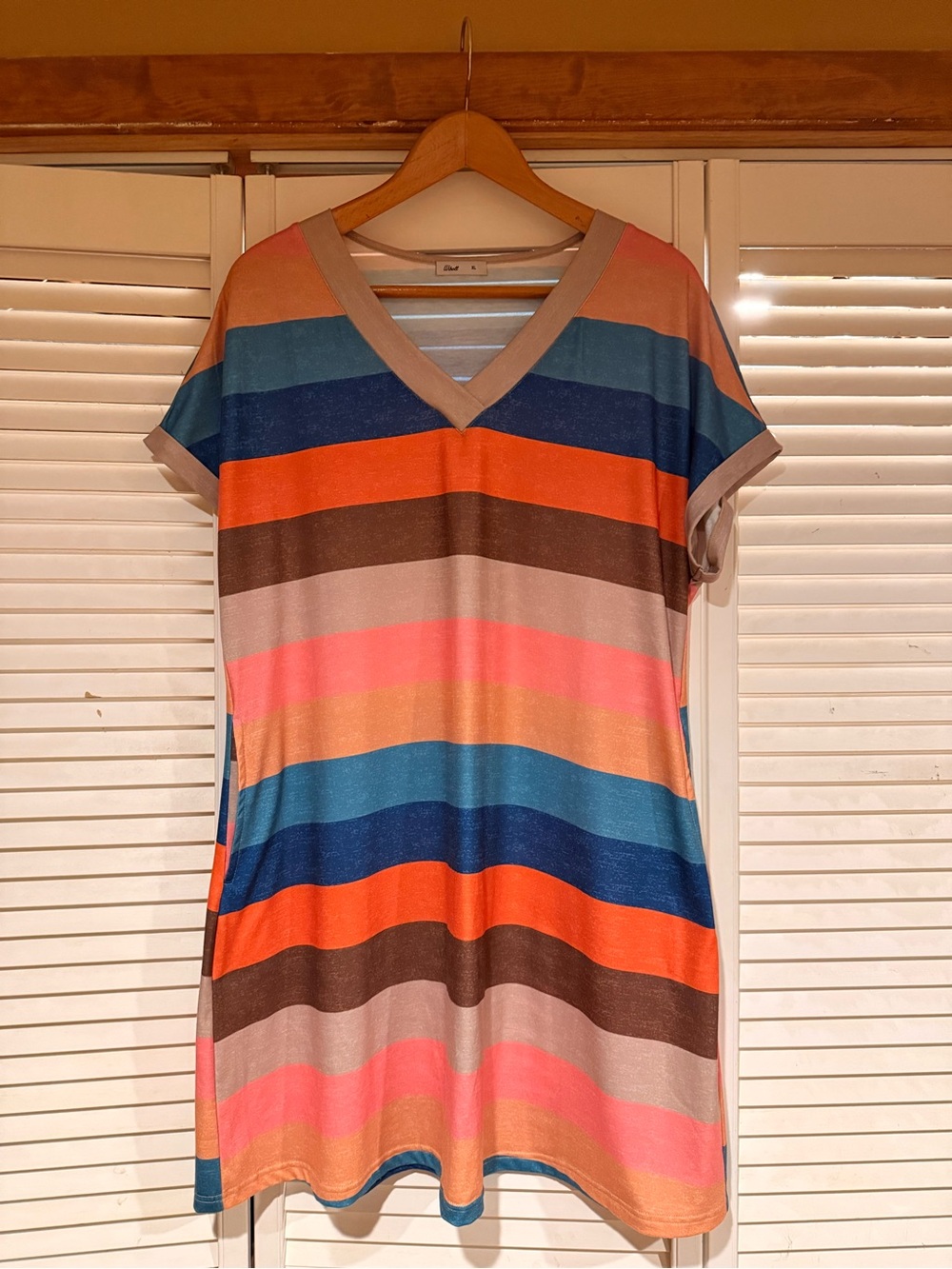 Amazon Multicolor Striped V-Neck Dress with Pockets - Orange, Blue, Pink, Brown